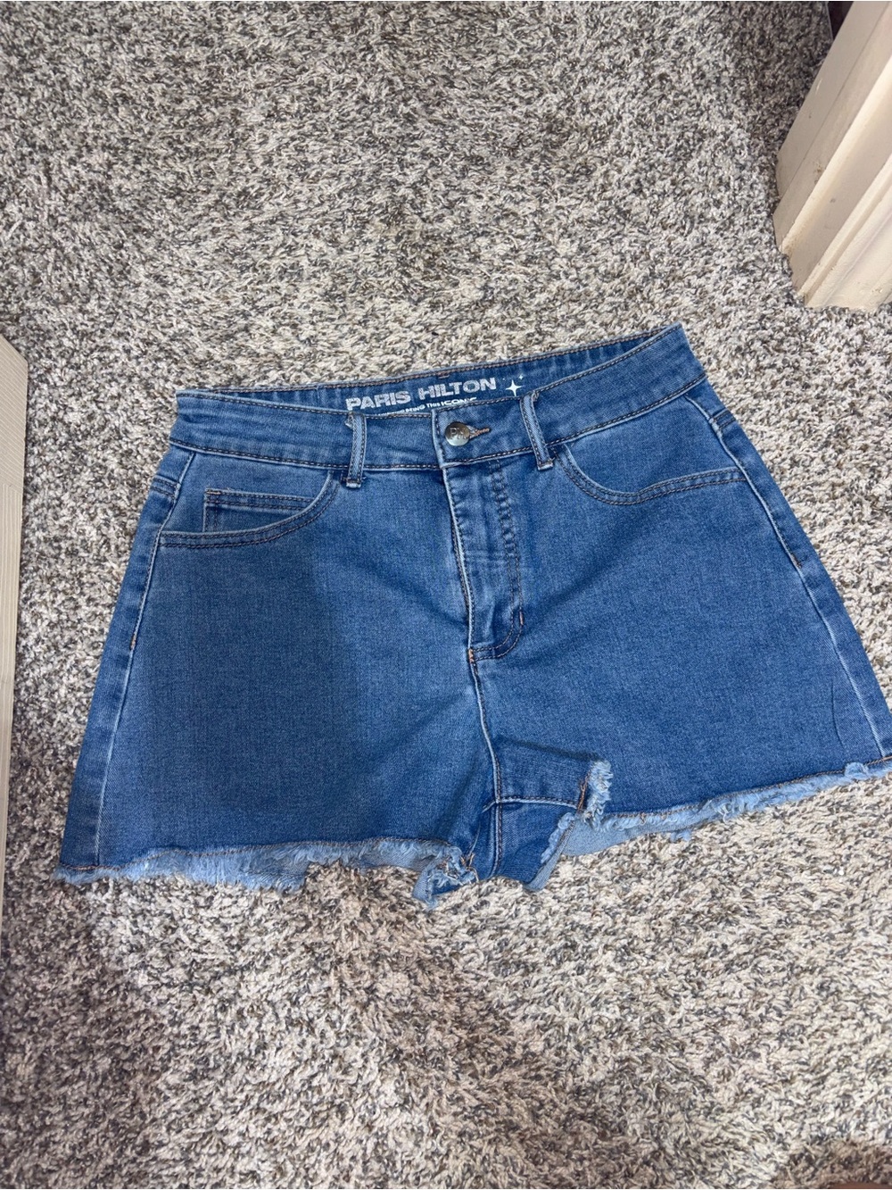 Paris Hilton Dark Blue High-Rise Denim Shorts with Frayed Hem